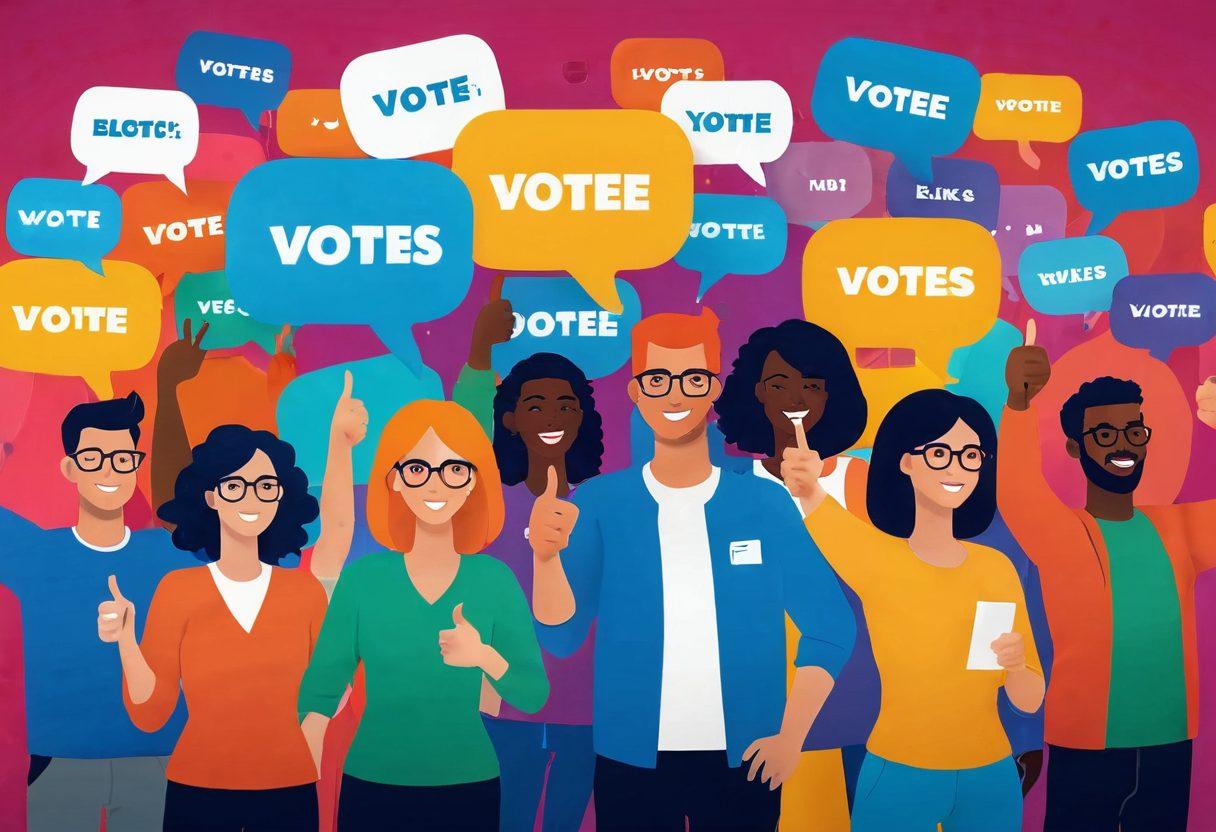 A vibrant, dynamic illustration of a diverse group of people enthusiastically casting votes, symbolizing community engagement. Include visual elements like colorful speech bubbles with thumbs-up icons, and a digital blog interface in the background highlighting blogs with increased likes. Capture the essence of collaboration and feedback in a lively environment. bold colors. vector art. 3D elements.