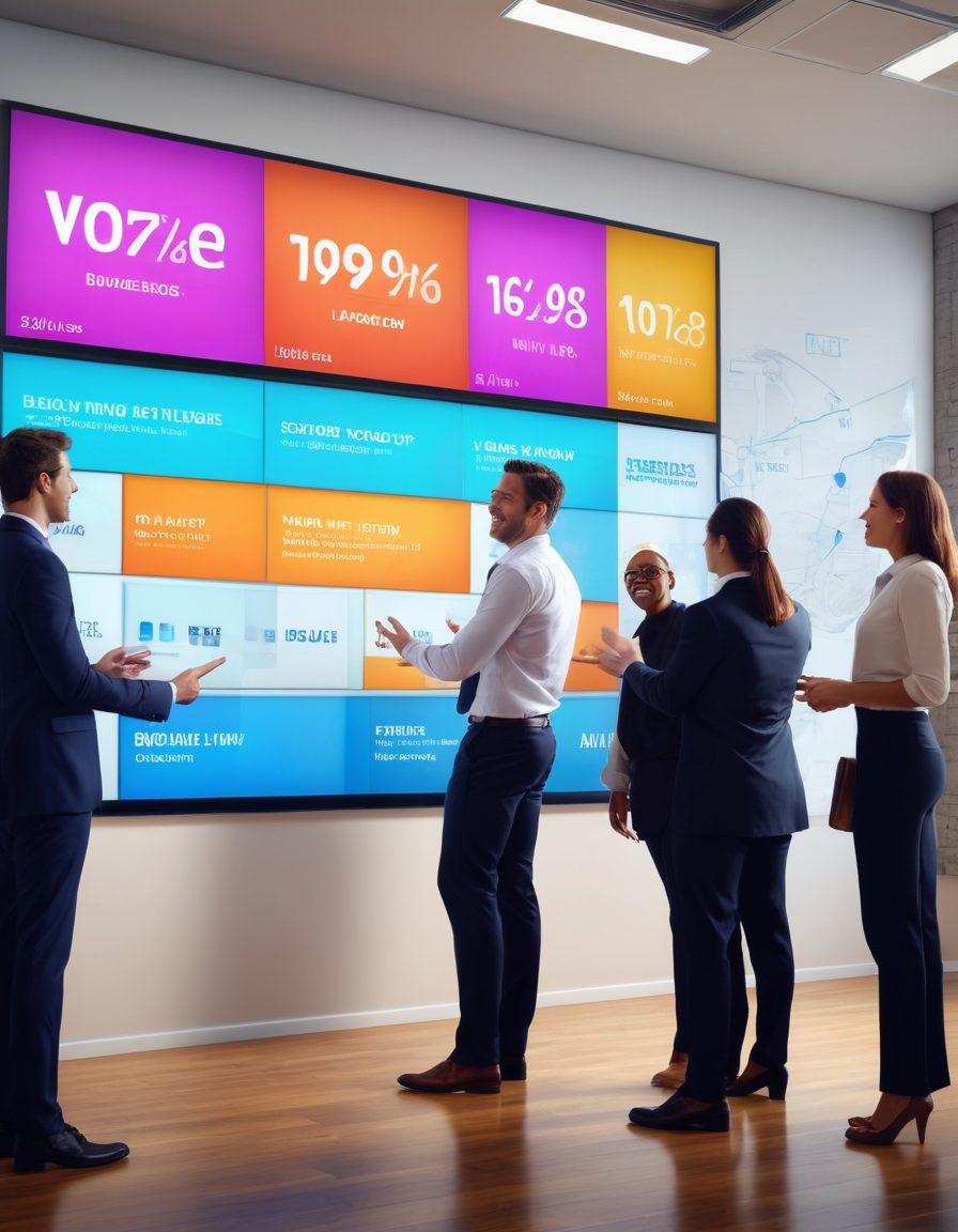 A dynamic scene showcasing a diverse group of people interacting with a large digital touchscreen displaying interactive voting options for business blog topics. Include vibrant visual elements such as graphs and charts to represent data analysis, and expressions of excitement and engagement on the participants' faces. Set the background to a modern office environment with motivational quotes on the walls. super-realistic. vibrant colors. 3D.